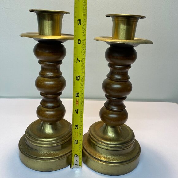 Vintage Wood Brass Set of 2 Candle Holders Homco Gold Tone 9.5"x4" MCM Retro - Picture 2 of 16